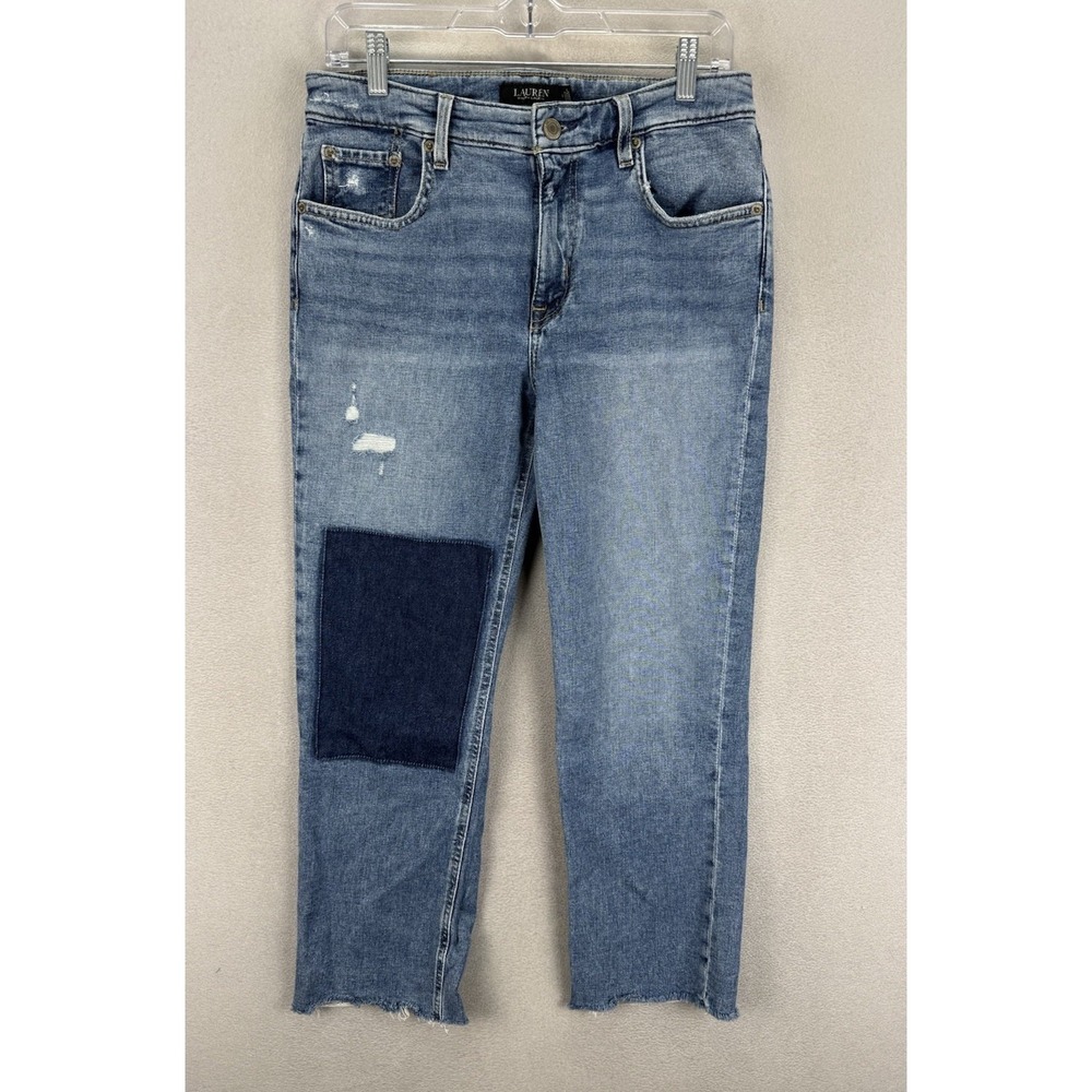Lauren Ralph Lauren Women's Sz 4 Patchwork Boyfriend Raw Hem Blue Denim Jeans